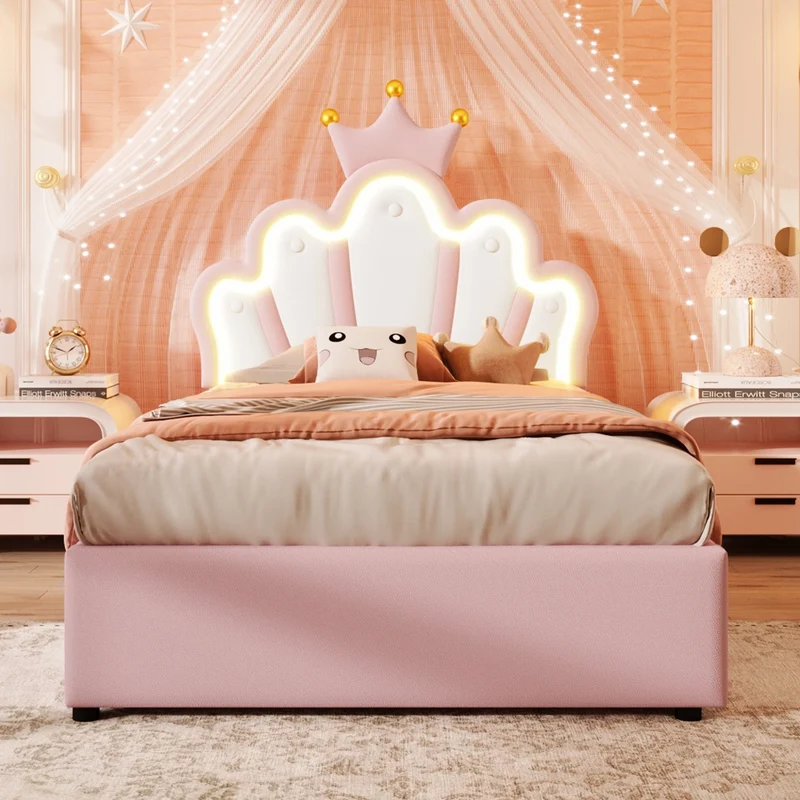 Letto imbottito rosa 90 x 200 cm; letto principessa a forma di corona con contenitore e LED