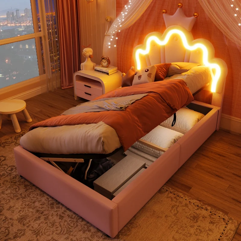Letto imbottito rosa 90 x 200 cm; letto principessa a forma di corona con contenitore e LED