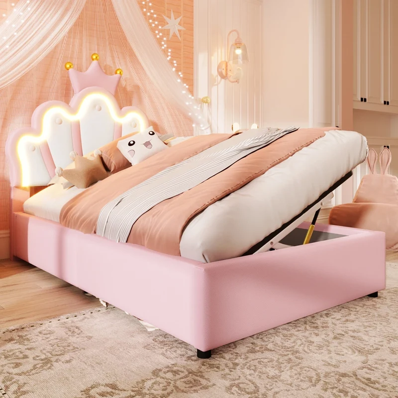 Letto imbottito rosa 90 x 200 cm; letto principessa a forma di corona con contenitore e LED