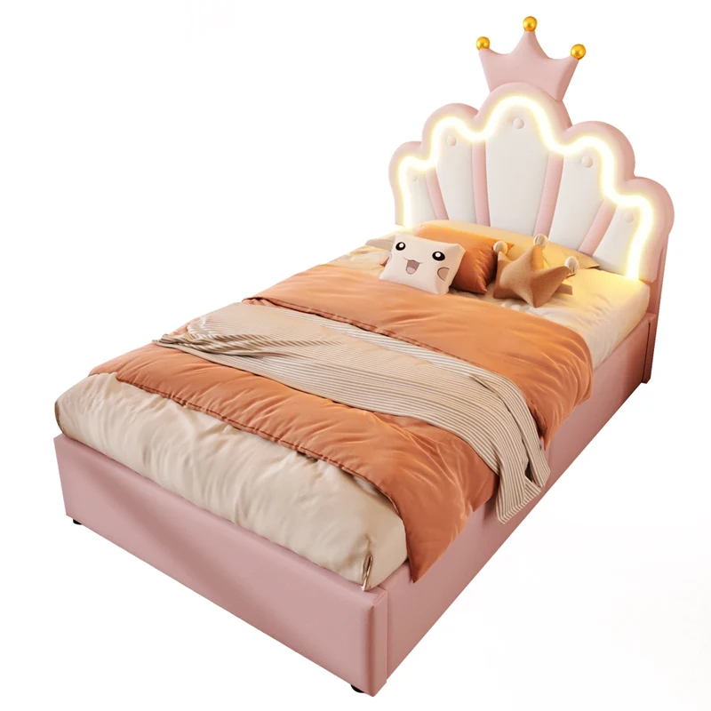 Letto imbottito rosa 90 x 200 cm; letto principessa a forma di corona con contenitore e LED