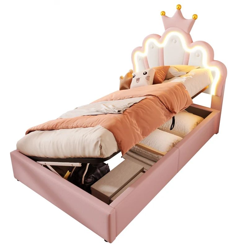Letto imbottito rosa 90 x 200 cm; letto principessa a forma di corona con contenitore e LED