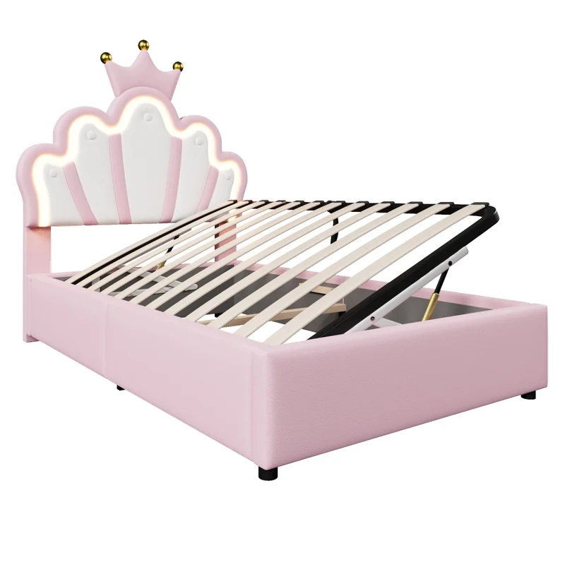Letto imbottito rosa 90 x 200 cm; letto principessa a forma di corona con contenitore e LED