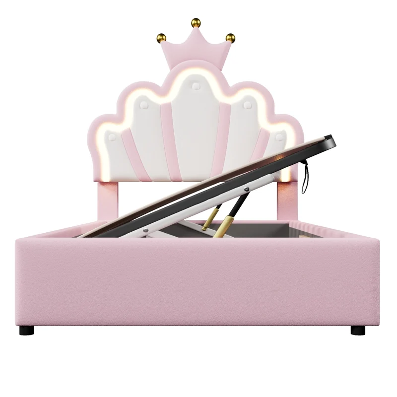 Letto imbottito rosa 90 x 200 cm; letto principessa a forma di corona con contenitore e LED
