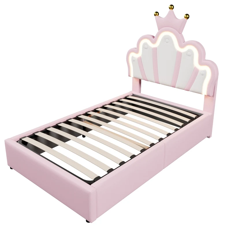 Letto imbottito rosa 90 x 200 cm; letto principessa a forma di corona con contenitore e LED