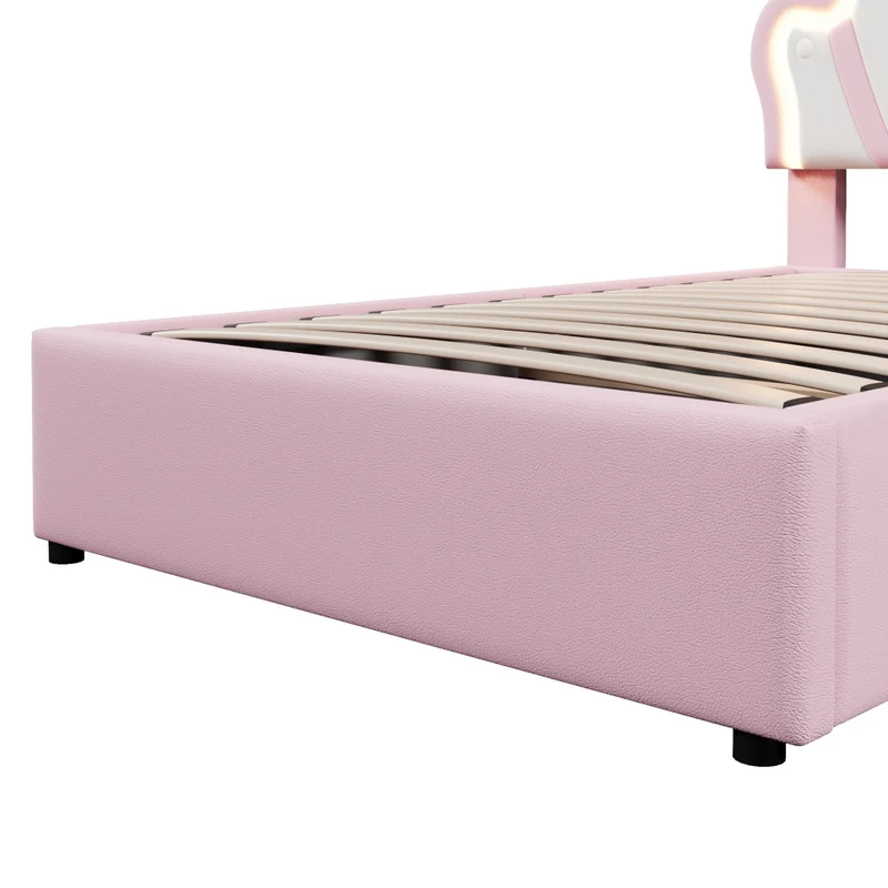Letto imbottito rosa 90 x 200 cm; letto principessa a forma di corona con contenitore e LED