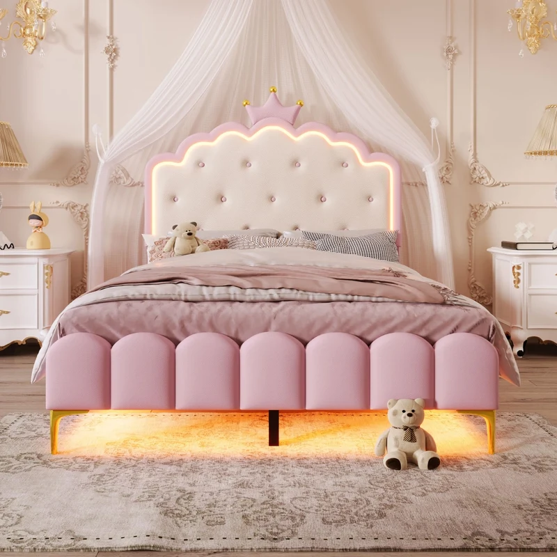 Letto imbottito rosa 140x200 cm con rete a doghe; luce LED e design a corona