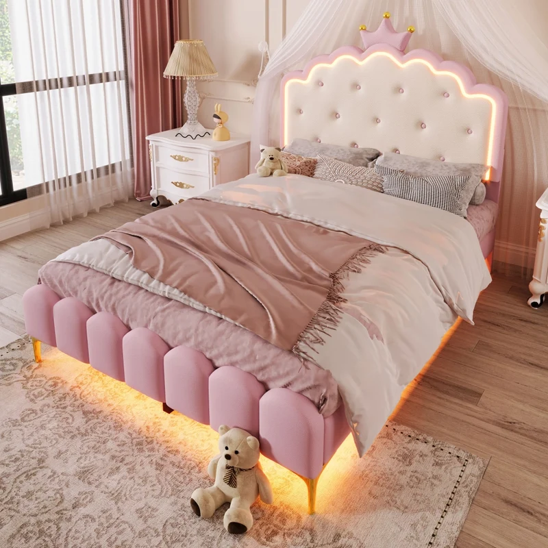 Letto imbottito rosa 140x200 cm con rete a doghe; luce LED e design a corona