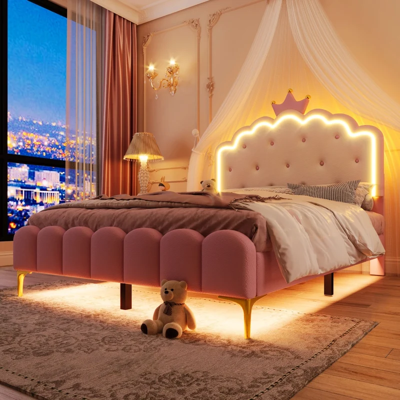 Letto imbottito rosa 140x200 cm con rete a doghe; luce LED e design a corona