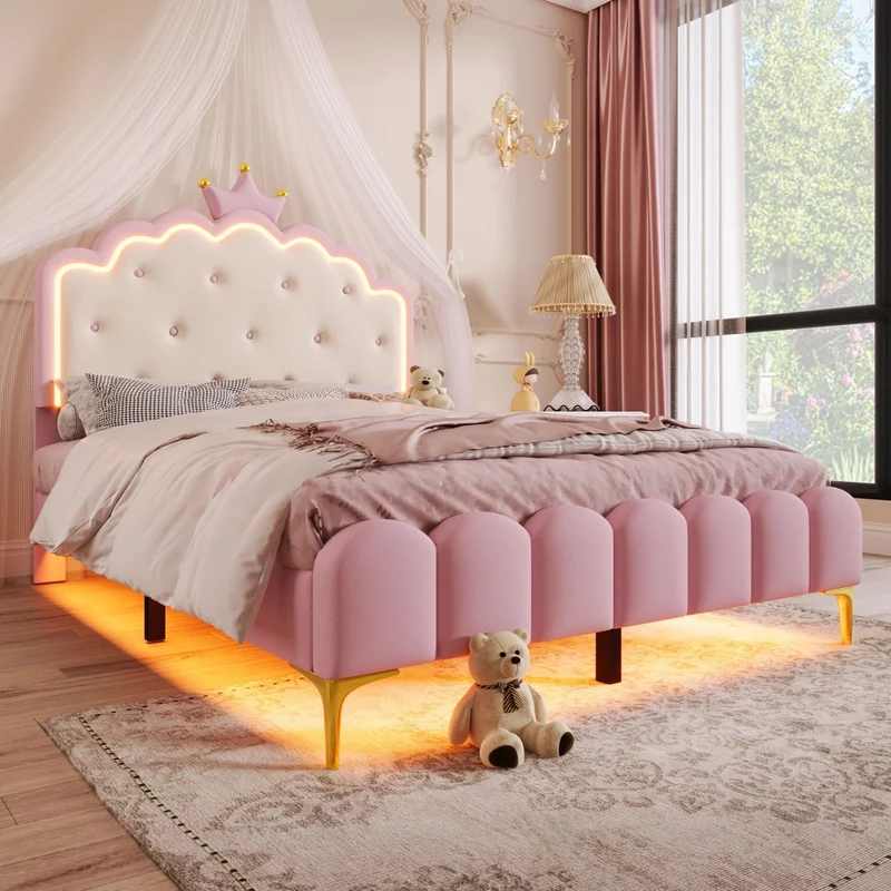 Letto imbottito rosa 140x200 cm con rete a doghe; luce LED e design a corona