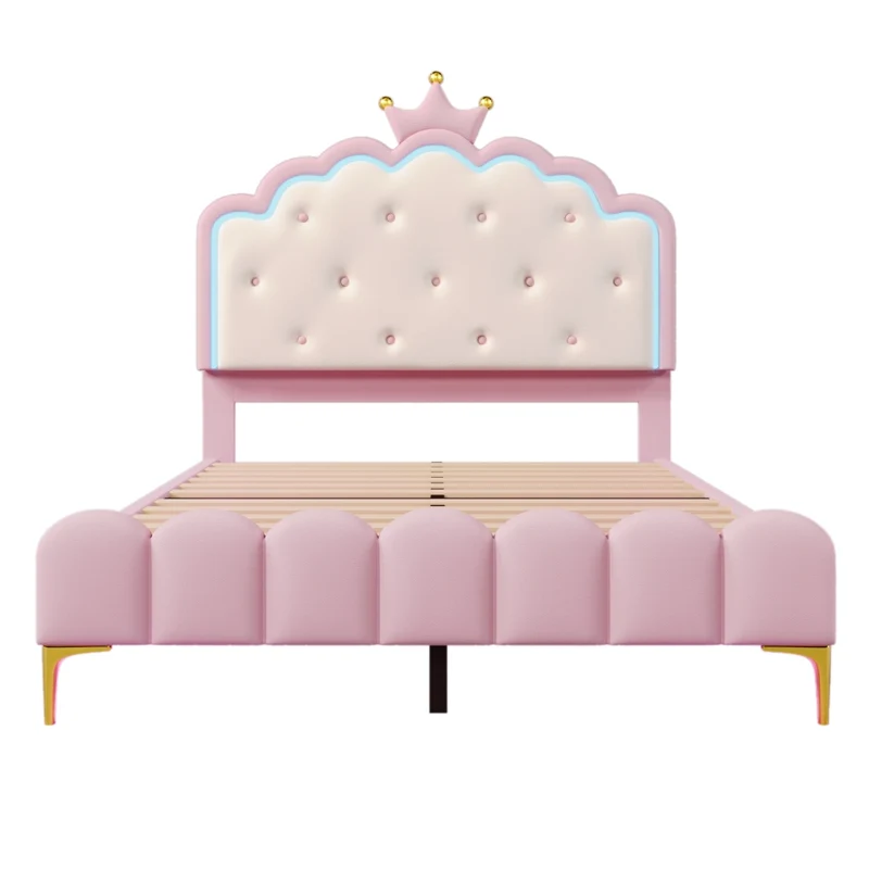 Letto imbottito rosa 140x200 cm con rete a doghe; luce LED e design a corona