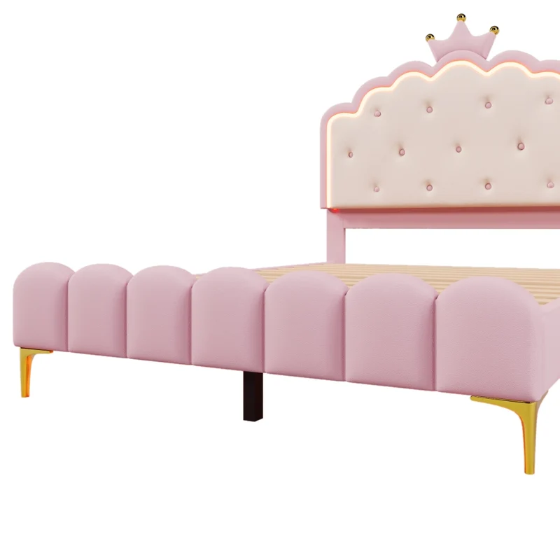 Letto imbottito rosa 140x200 cm con rete a doghe; luce LED e design a corona