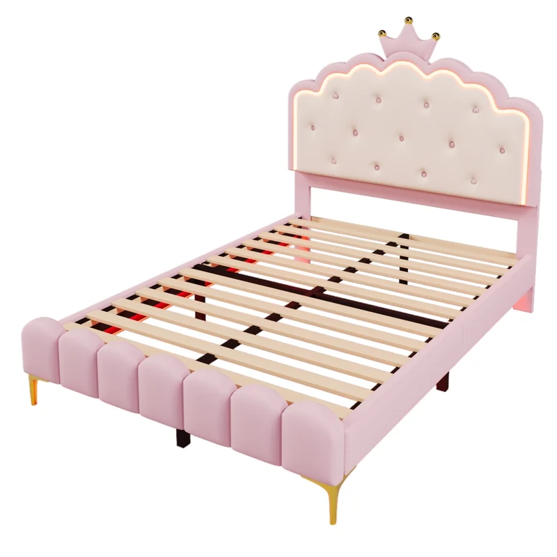Letto imbottito rosa 140x200 cm con rete a doghe; luce LED e design a corona