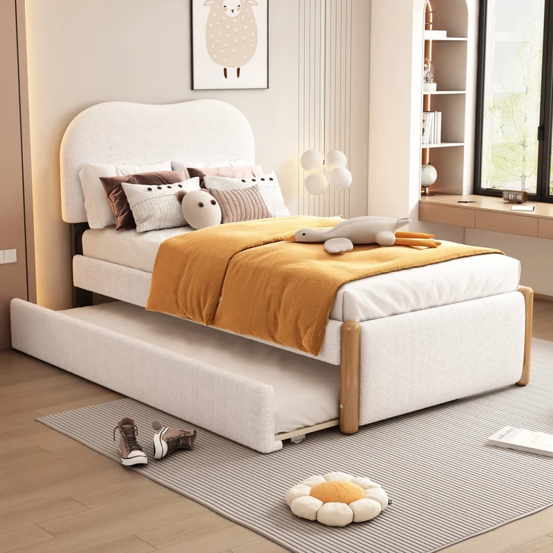 Letto singolo imbottito 90x200 cm con letto estraibile; struttura in MDF; bianco