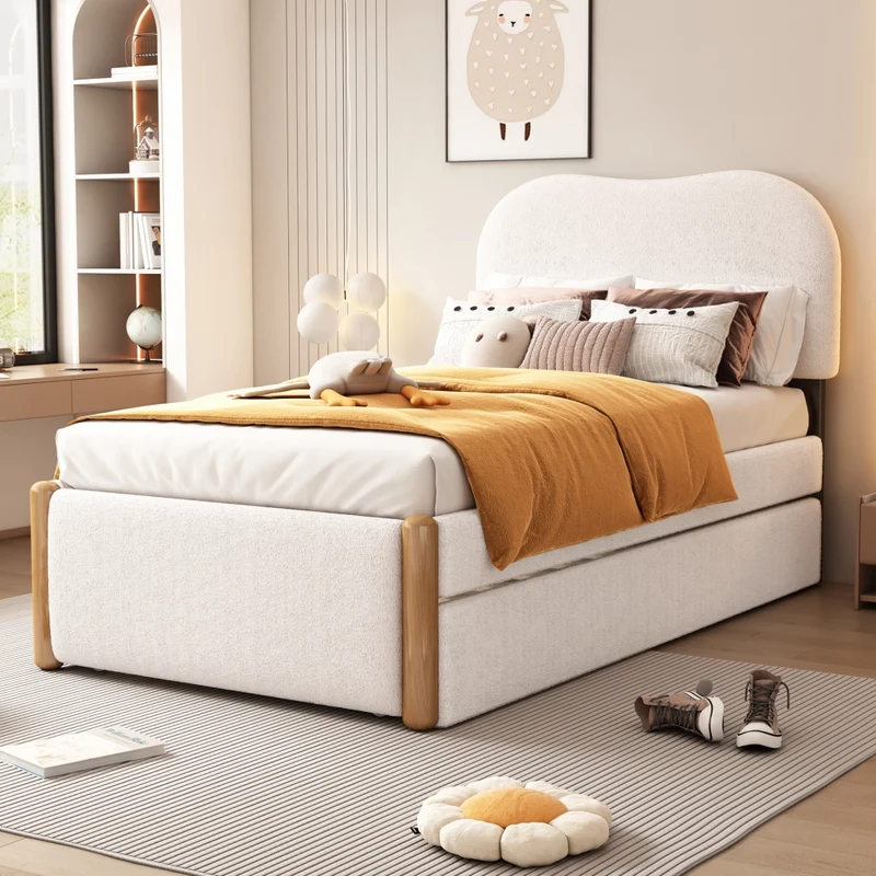 Letto singolo imbottito 90x200 cm con letto estraibile; struttura in MDF; bianco