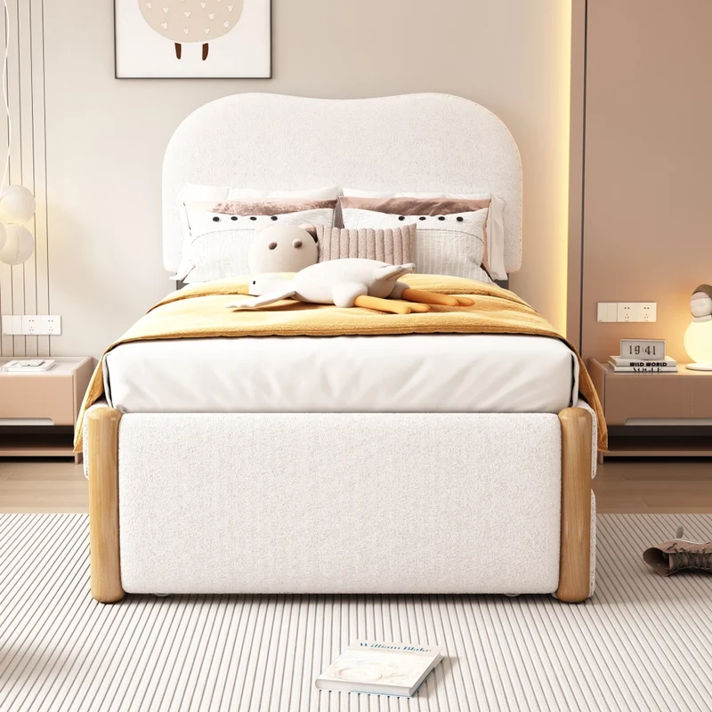 Letto singolo imbottito 90x200 cm con letto estraibile; struttura in MDF; bianco