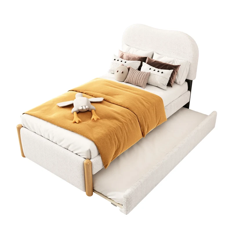 Letto singolo imbottito 90x200 cm con letto estraibile; struttura in MDF; bianco