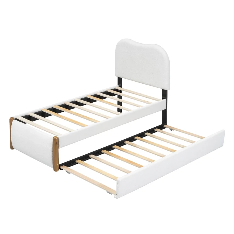 Letto singolo imbottito 90x200 cm con letto estraibile; struttura in MDF; bianco