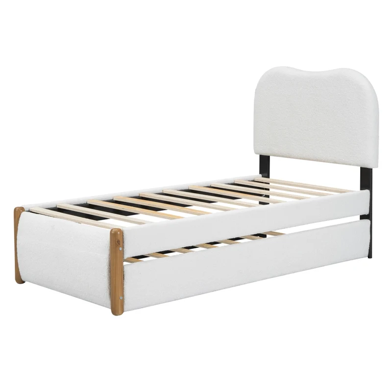 Letto singolo imbottito 90x200 cm con letto estraibile; struttura in MDF; bianco