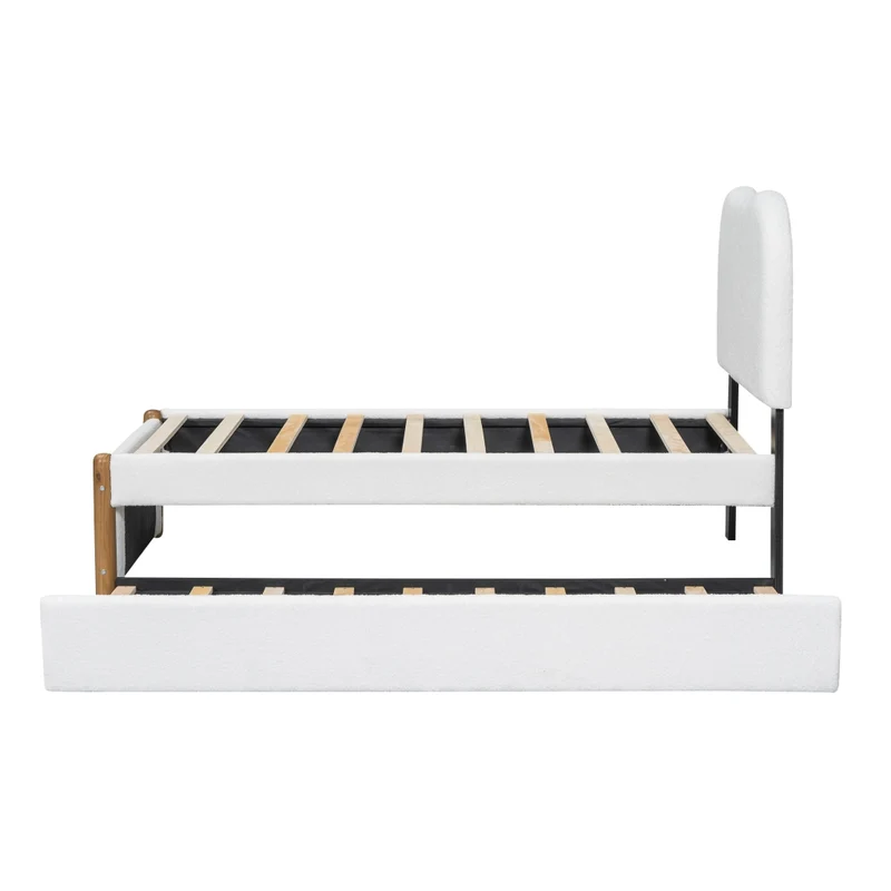 Letto singolo imbottito 90x200 cm con letto estraibile; struttura in MDF; bianco