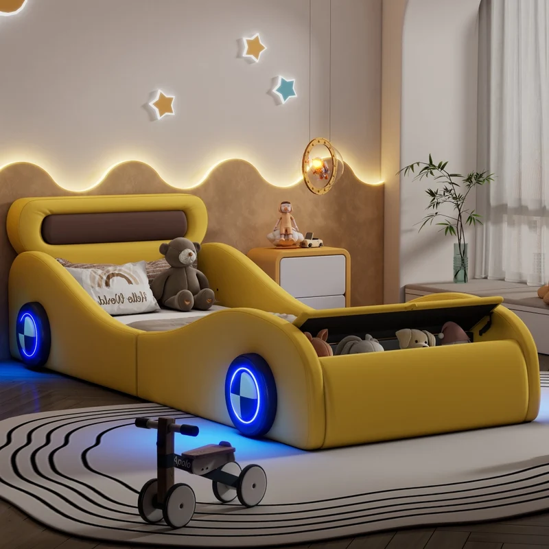 Letto auto per bambini 90x200 cm; letto imbottito giallo con ruote luminose e contenitore
