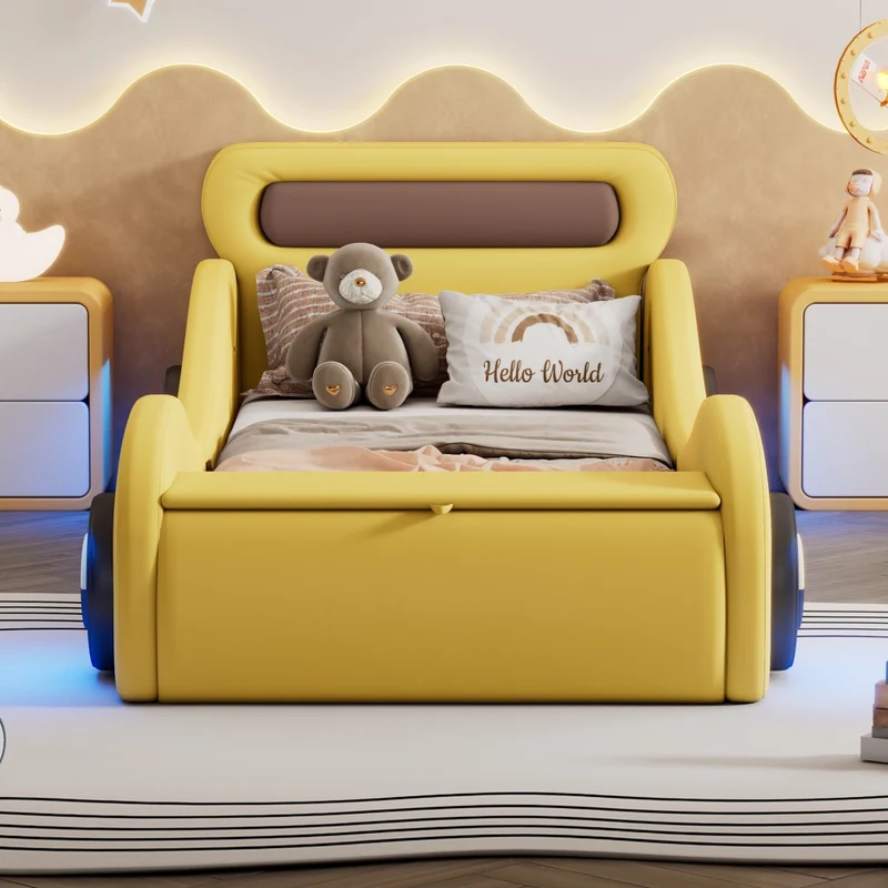 Letto auto per bambini 90x200 cm; letto imbottito giallo con ruote luminose e contenitore