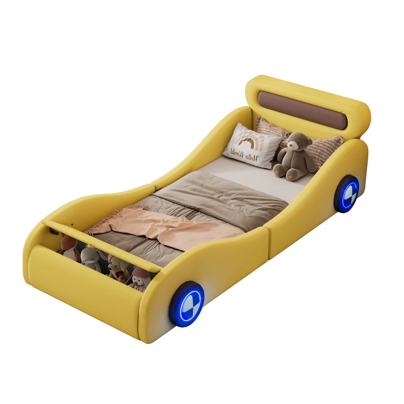 Letto auto per bambini 90x200 cm; letto imbottito giallo con ruote luminose e contenitore