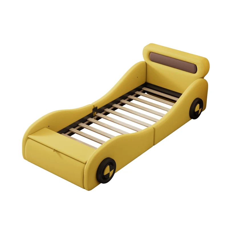 Letto auto per bambini 90x200 cm; letto imbottito giallo con ruote luminose e contenitore