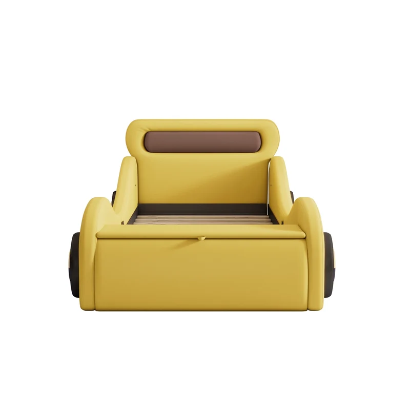 Letto auto per bambini 90x200 cm; letto imbottito giallo con ruote luminose e contenitore