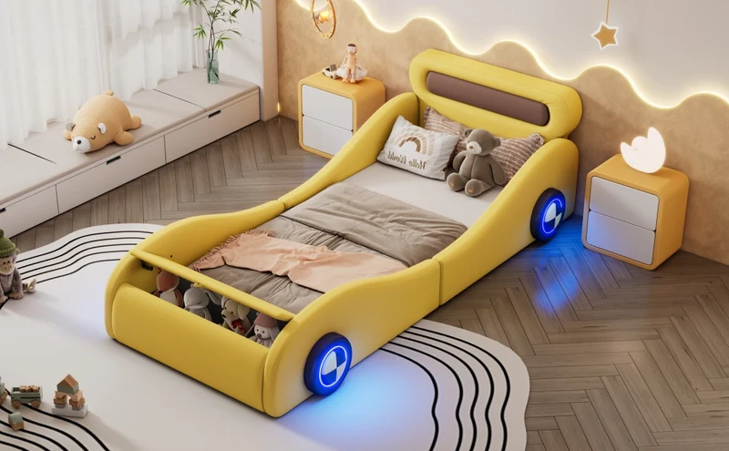 Letto auto per bambini 90x200 cm; letto imbottito giallo con ruote luminose e contenitore