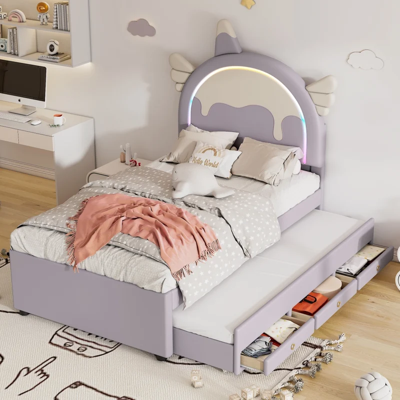 Letto per bambini 90x200 cm a forma di unicorno; con letto estraibile e cassetti; viola