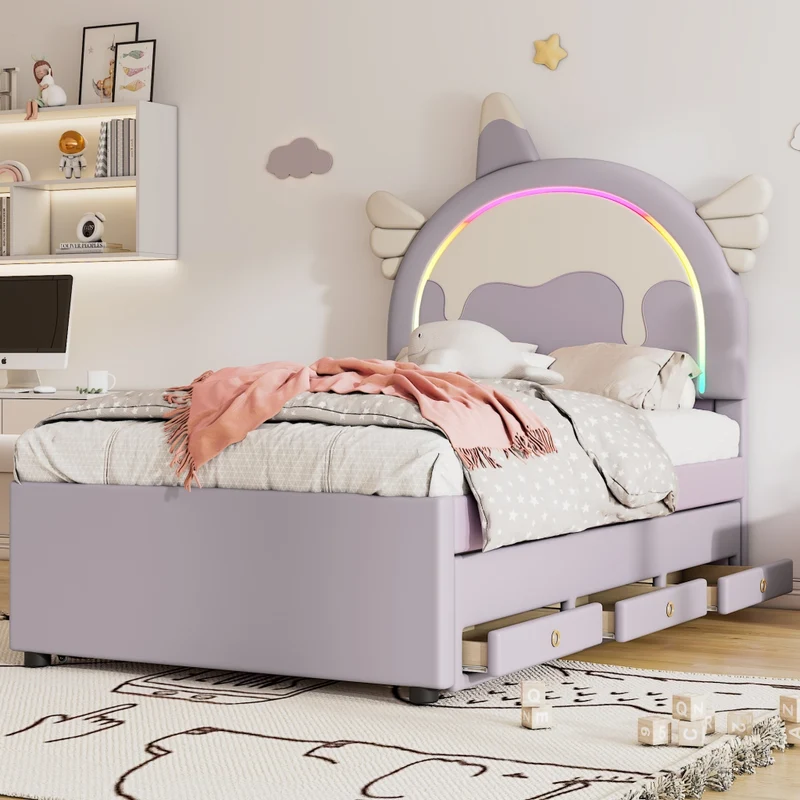 Letto per bambini 90x200 cm a forma di unicorno; con letto estraibile e cassetti; viola