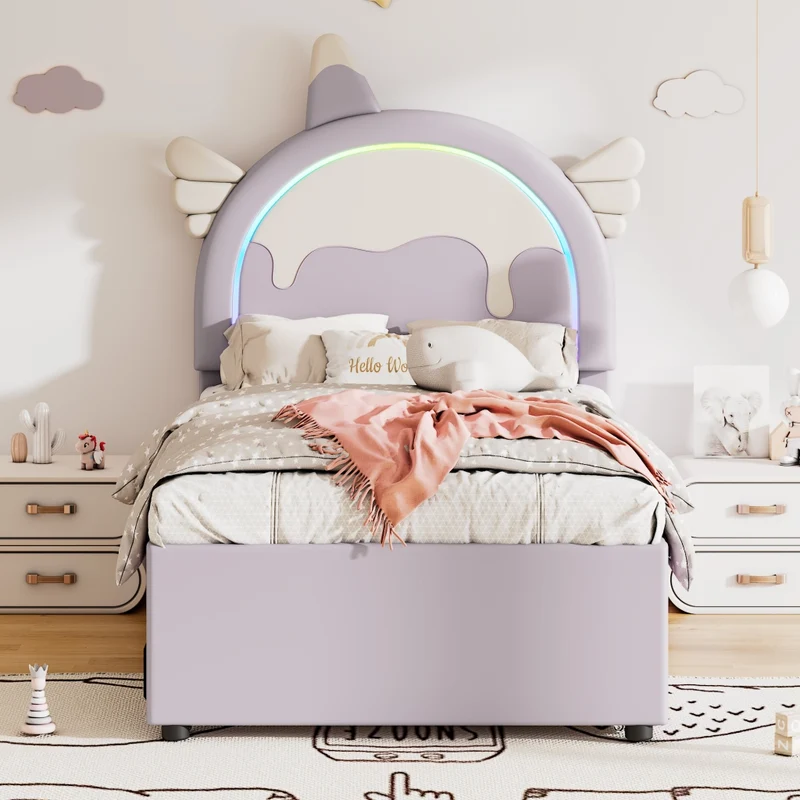 Letto per bambini 90x200 cm a forma di unicorno; con letto estraibile e cassetti; viola