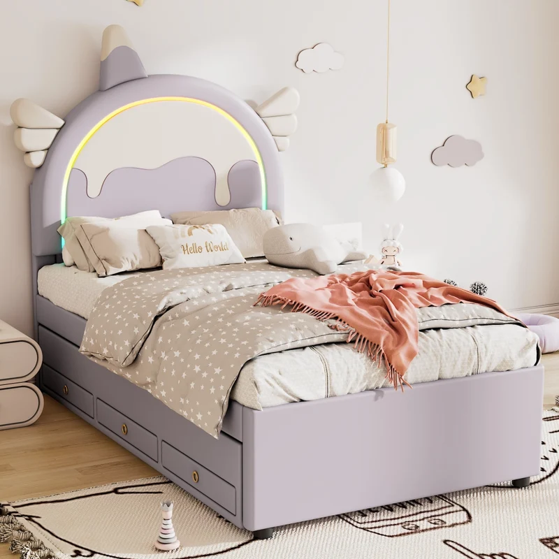 Letto per bambini 90x200 cm a forma di unicorno; con letto estraibile e cassetti; viola