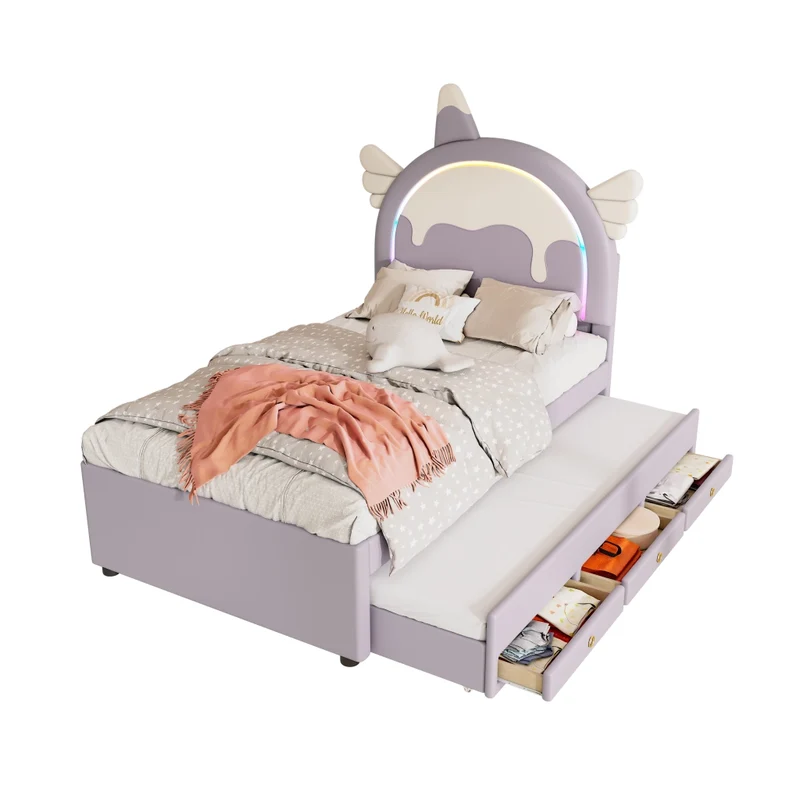 Letto per bambini 90x200 cm a forma di unicorno; con letto estraibile e cassetti; viola
