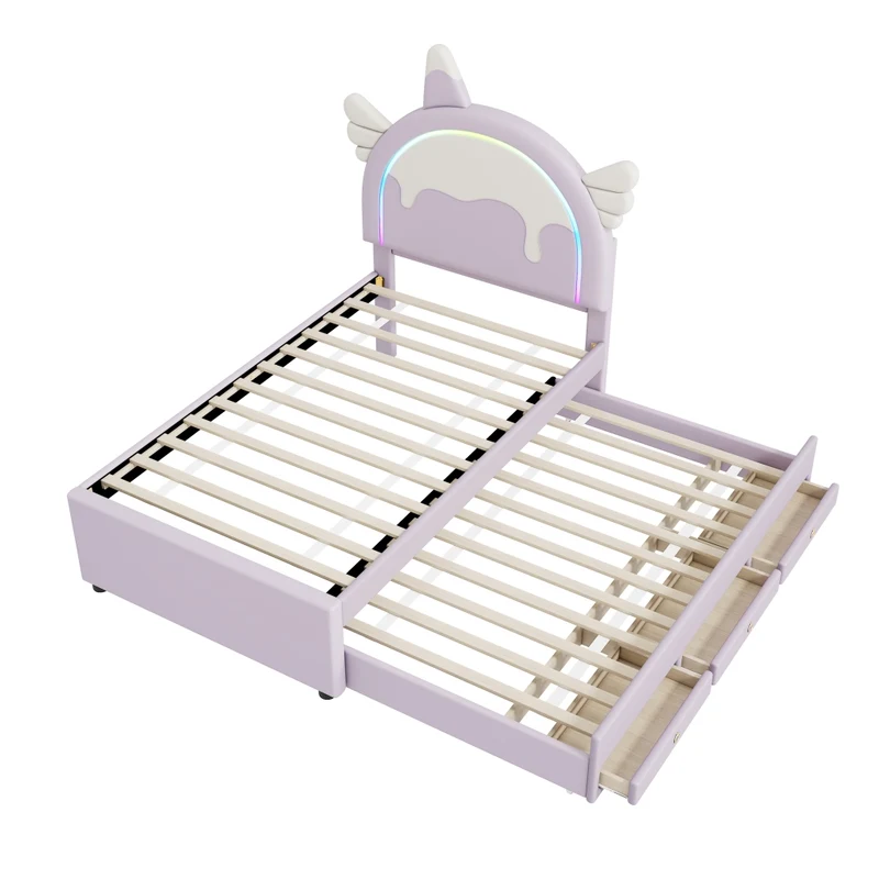 Letto per bambini 90x200 cm a forma di unicorno; con letto estraibile e cassetti; viola
