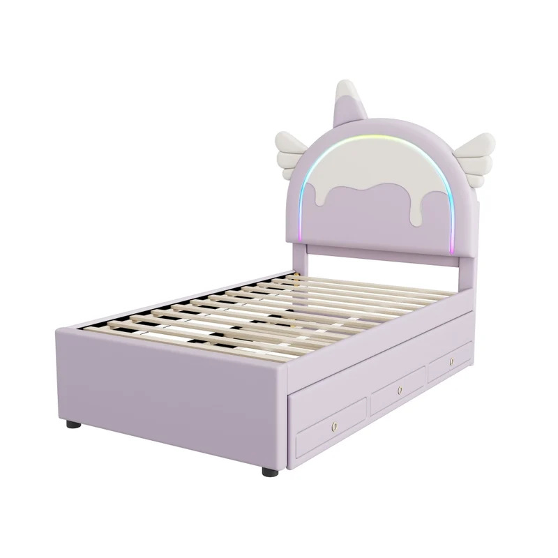 Letto per bambini 90x200 cm a forma di unicorno; con letto estraibile e cassetti; viola