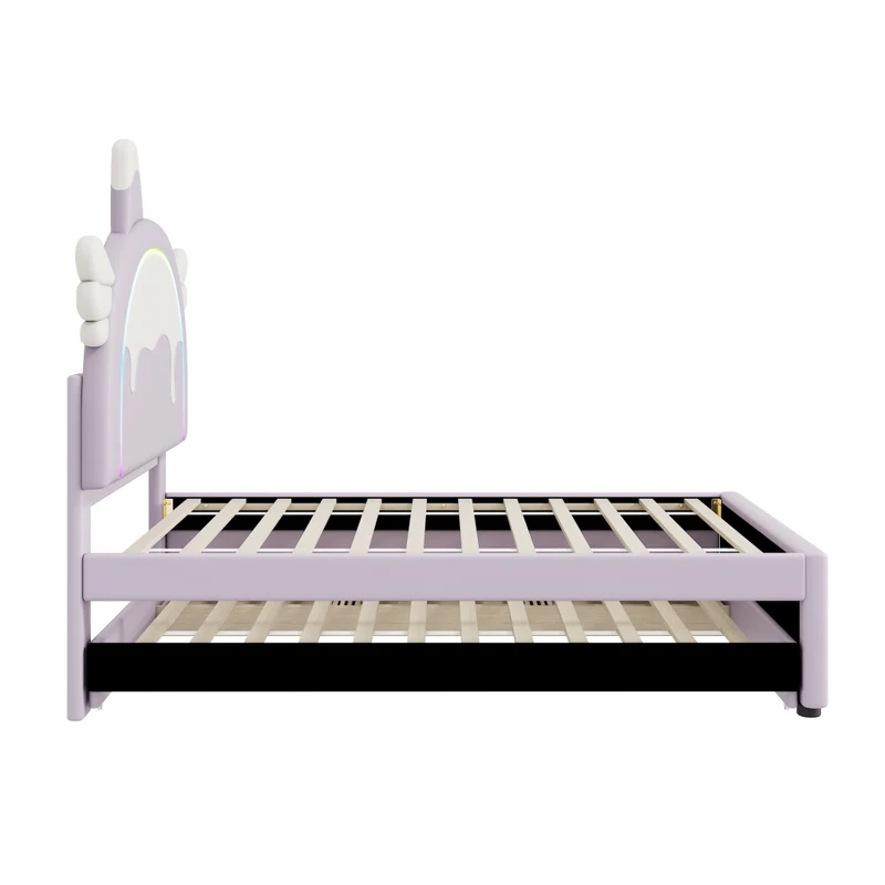 Letto per bambini 90x200 cm a forma di unicorno; con letto estraibile e cassetti; viola