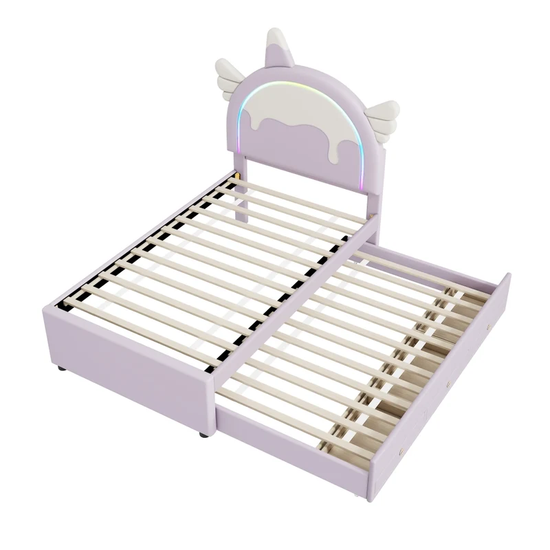 Letto per bambini 90x200 cm a forma di unicorno; con letto estraibile e cassetti; viola