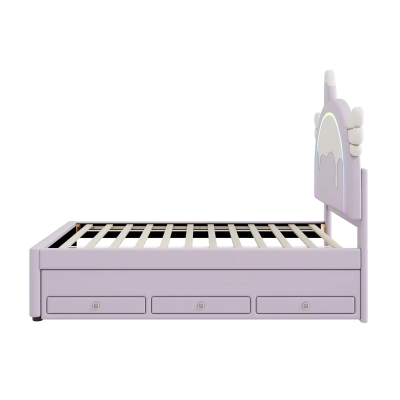 Letto per bambini 90x200 cm a forma di unicorno; con letto estraibile e cassetti; viola