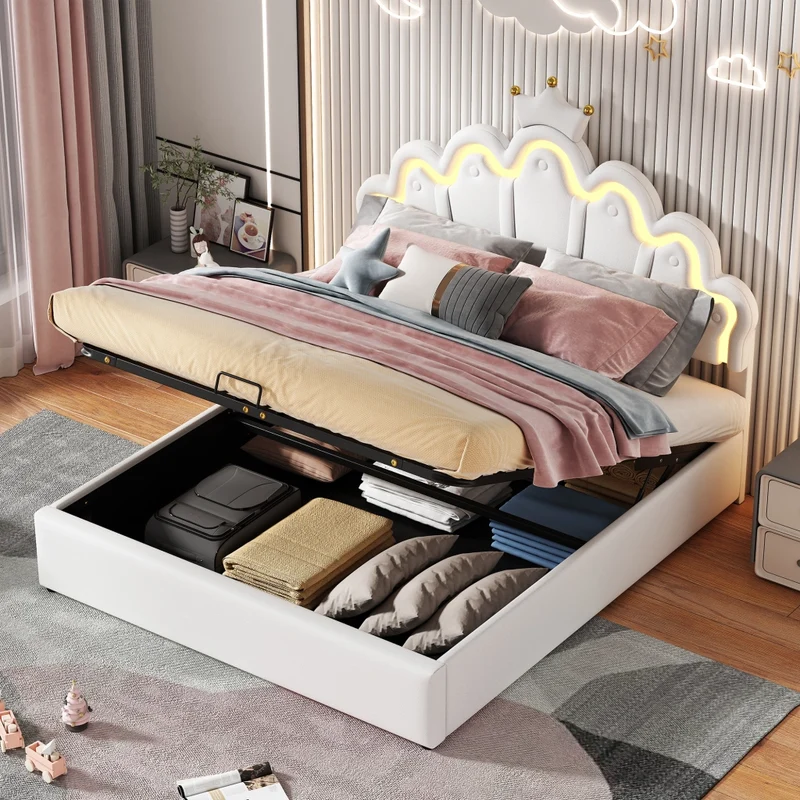 Letto imbottito 140 x 200 cm bianco con LED RGB regolabili e contenitore