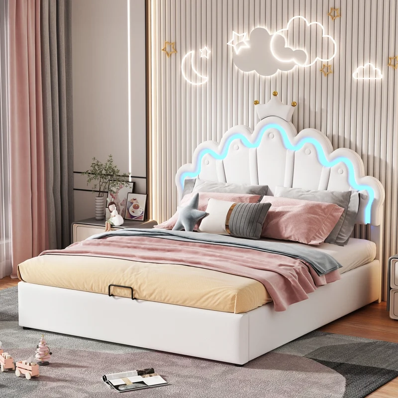 Letto imbottito 140 x 200 cm bianco con LED RGB regolabili e contenitore