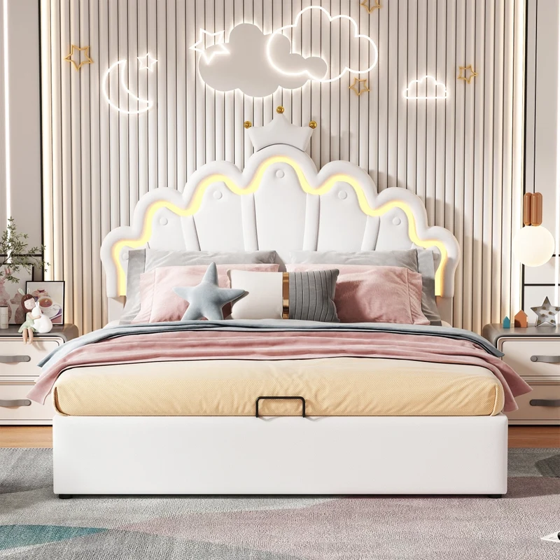 Letto imbottito 140 x 200 cm bianco con LED RGB regolabili e contenitore