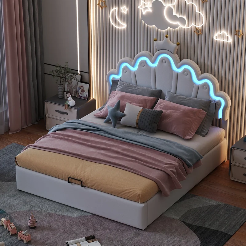 Letto imbottito 140 x 200 cm bianco con LED RGB regolabili e contenitore