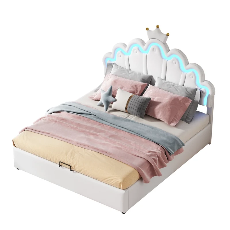 Letto imbottito 140 x 200 cm bianco con LED RGB regolabili e contenitore