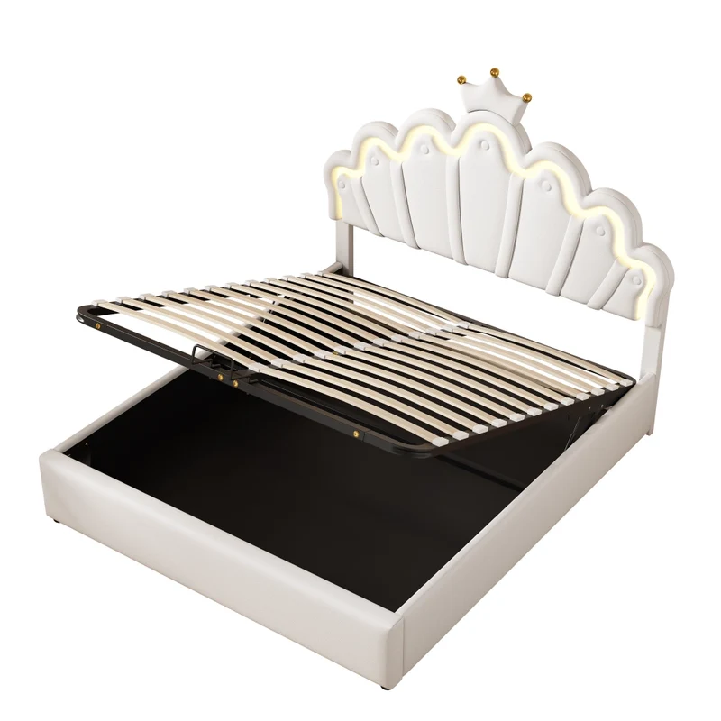 Letto imbottito 140 x 200 cm bianco con LED RGB regolabili e contenitore