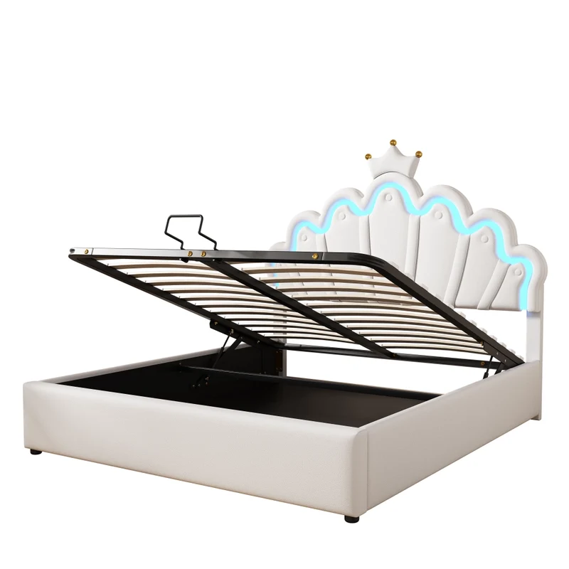 Letto imbottito 140 x 200 cm bianco con LED RGB regolabili e contenitore