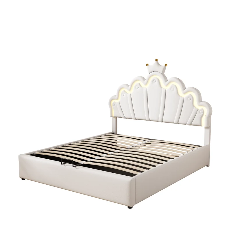 Letto imbottito 140 x 200 cm bianco con LED RGB regolabili e contenitore