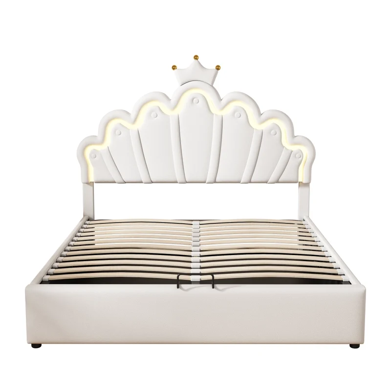 Letto imbottito 140 x 200 cm bianco con LED RGB regolabili e contenitore