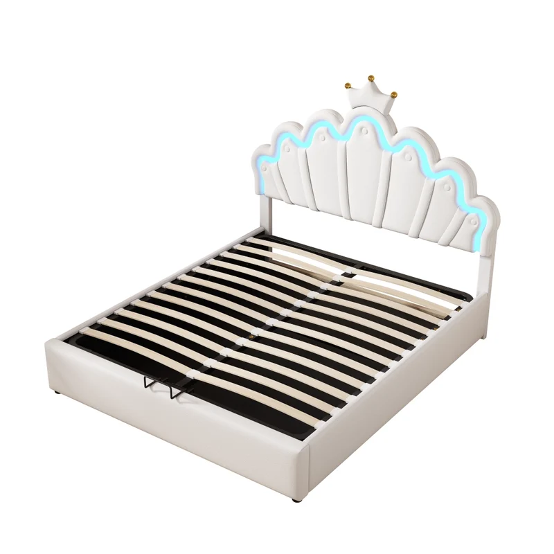 Letto imbottito 140 x 200 cm bianco con LED RGB regolabili e contenitore