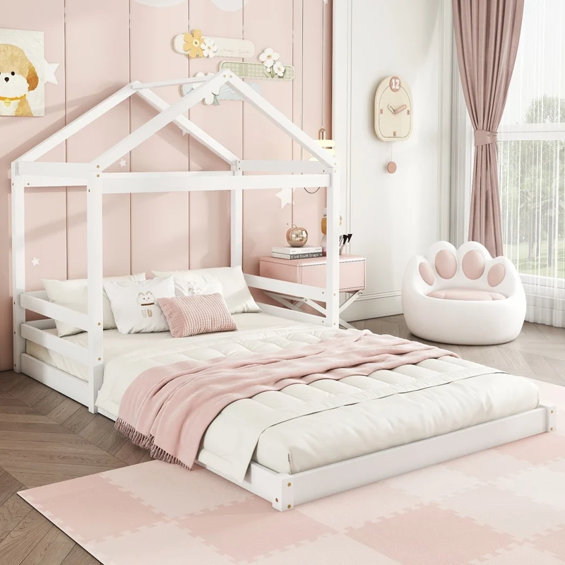 Letto casetta per bambini 140x200 cm in pino e MDF; bianco; con rete a doghe per cameretta